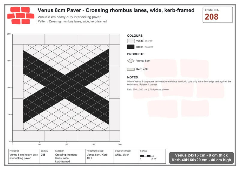 इंटरलॉक (पास्को) 24x15 सेमी · VEN8-208 · क्रॉसिंग rhombus lanes, चौड़ा, kerb-framed · बिछाने का नक्शा