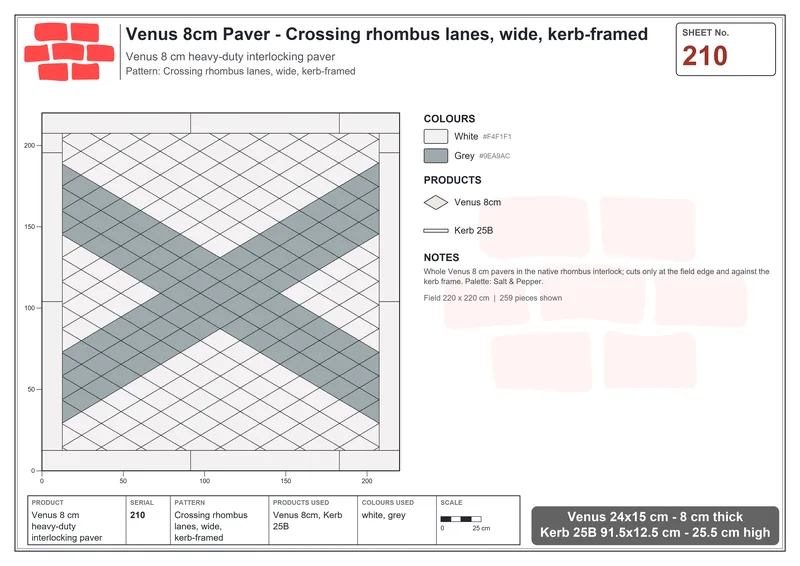 इंटरलॉक (पास्को) 24x15 सेमी · VEN8-210 · क्रॉसिंग rhombus lanes, चौड़ा, kerb-framed · बिछाने का नक्शा