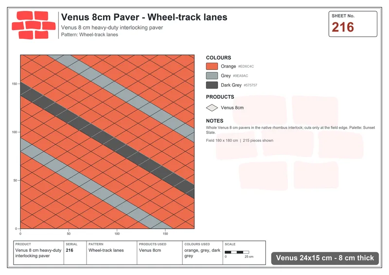 इंटरलॉक (पास्को) 24x15 सेमी · VEN8-216 · Wheel-track lanes · बिछाने का नक्शा