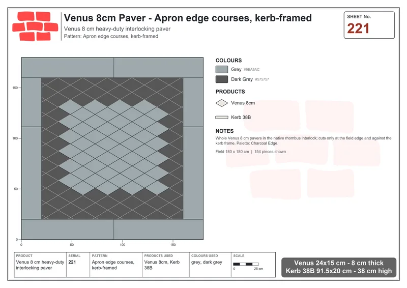 इंटरलॉक (पास्को) 24x15 सेमी · VEN8-221 · Apron किनारा पंक्तियाँ, kerb-framed · बिछाने का नक्शा