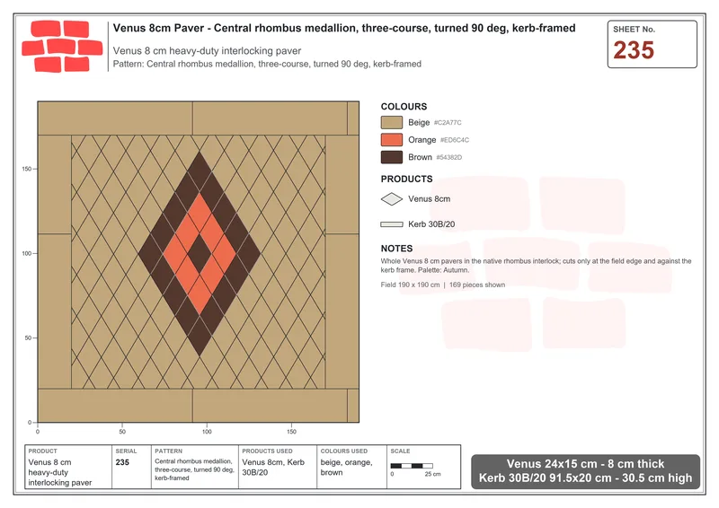 इंटरलॉक (पास्को) 24x15 सेमी · VEN8-235 · केंद्रीय rhombus मेडलियन, three-course, turned 90 deg, kerb-framed · बिछाने का नक्शा