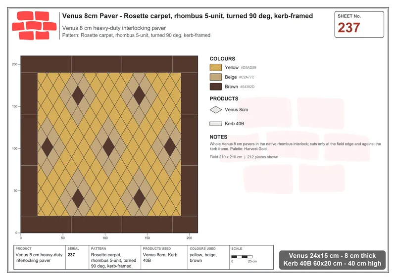 Interlock (Pasco) 24x15 cm · VEN8-237 · Rosette carpet, rhombus 5-unit, turned 90 deg, kerb-framed · Laying plan