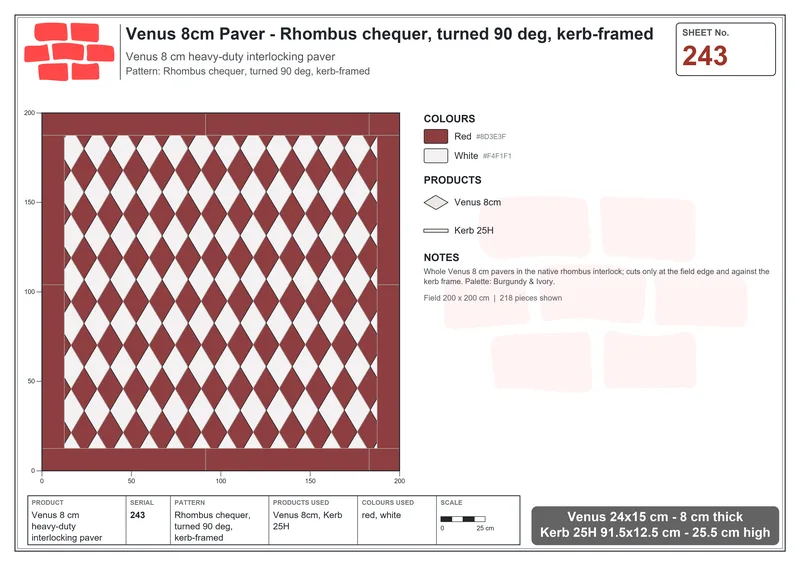 Interlock (Pasco) 24x15 cm · VEN8-243 · Rhombus chequer, turned 90 deg, kerb-framed · Laying plan