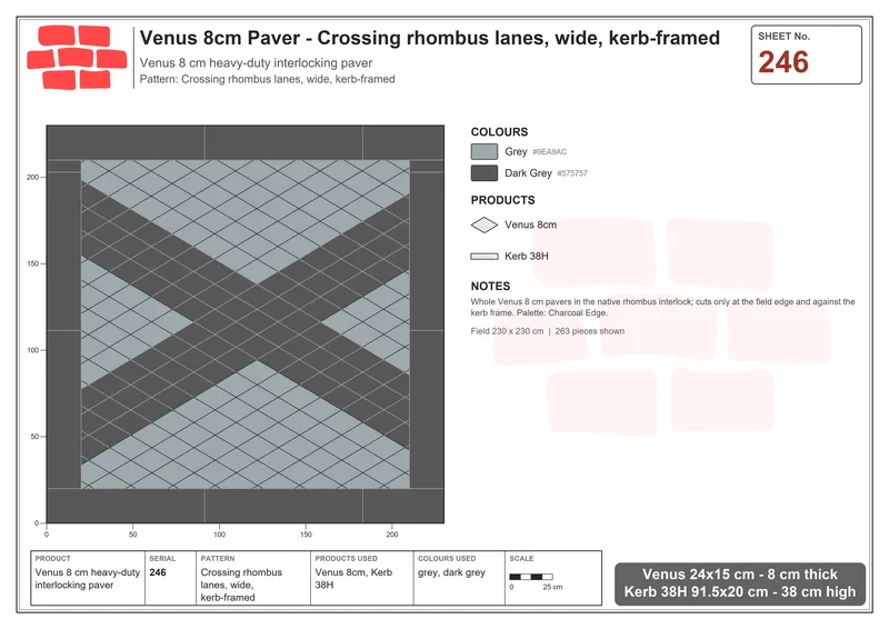 इंटरलॉक (पास्को) 24x15 सेमी · VEN8-246 · क्रॉसिंग rhombus lanes, चौड़ा, kerb-framed · बिछाने का नक्शा
