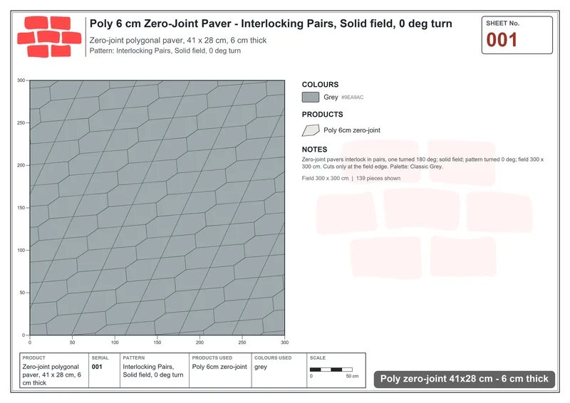 Interlock (Pasco) 41x28 cm · POL-001 · Interlocking Pairs, Solid field, 0 deg turn · Laying plan Interlock (Pasco) 41x28 cm · POL-001 · Interlocking Pairs, Solid field, 0 deg turn · Laying plan