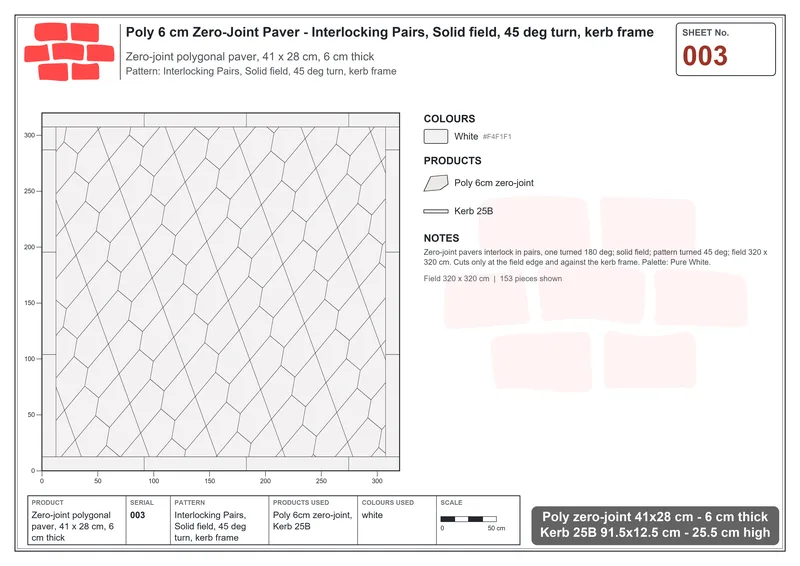 Interlock (Pasco) 41x28 cm · POL-003 · Interlocking Pairs, Solid field, 45 deg turn, kerb frame · Laying plan Interlock (Pasco) 41x28 cm · POL-003 · Interlocking Pairs, Solid field, 45 deg turn, kerb frame · Laying plan
