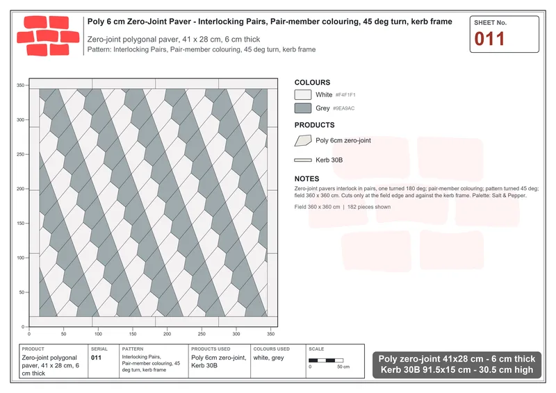 Interlock (Pasco) 41x28 cm · POL-011 · Interlocking Pairs, Pair-member colouring, 45 deg turn, kerb frame · Laying plan Interlock (Pasco) 41x28 cm · POL-011 · Interlocking Pairs, Pair-member colouring, 45 deg turn, kerb frame · Laying plan