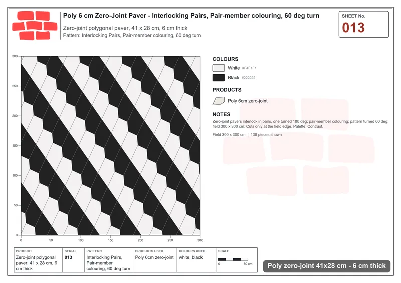 Interlock (Pasco) 41x28 cm · POL-013 · Interlocking Pairs, Pair-member colouring, 60 deg turn · Laying plan Interlock (Pasco) 41x28 cm · POL-013 · Interlocking Pairs, Pair-member colouring, 60 deg turn · Laying plan