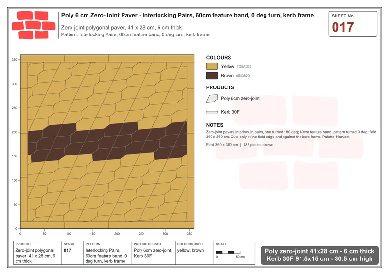 Interlock (Pasco) 41x28 cm · POL-017 · Interlocking Pairs, 60cm feature band, 0 deg turn, kerb frame · Laying plan Interlock (Pasco) 41x28 cm · POL-017 · Interlocking Pairs, 60cm feature band, 0 deg turn, kerb frame · Laying plan