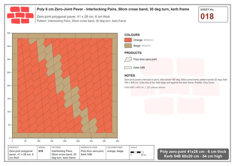 Interlock (Pasco) 41x28 cm · POL-018 · Interlocking Pairs, 50cm cross band, 30 deg turn, kerb frame · Laying plan Interlock (Pasco) 41x28 cm · POL-018 · Interlocking Pairs, 50cm cross band, 30 deg turn, kerb frame · Laying plan
