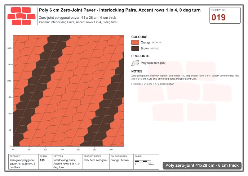 Interlock (Pasco) 41x28 cm · POL-019 · Interlocking Pairs, Accent rows 1 in 4, 0 deg turn · Laying plan Interlock (Pasco) 41x28 cm · POL-019 · Interlocking Pairs, Accent rows 1 in 4, 0 deg turn · Laying plan