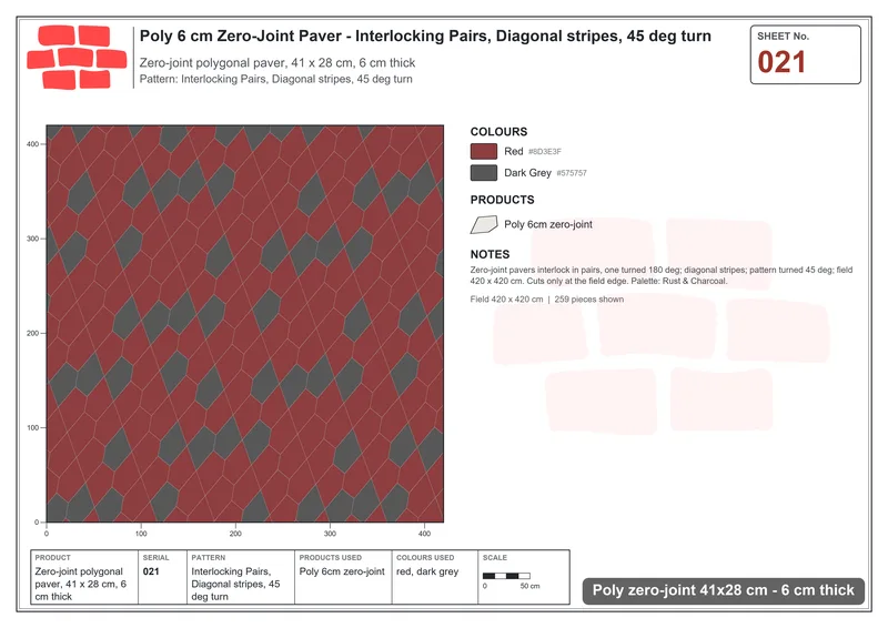 Interlock (Pasco) 41x28 cm · POL-021 · Interlocking Pairs, Diagonal stripes, 45 deg turn · Laying plan Interlock (Pasco) 41x28 cm · POL-021 · Interlocking Pairs, Diagonal stripes, 45 deg turn · Laying plan