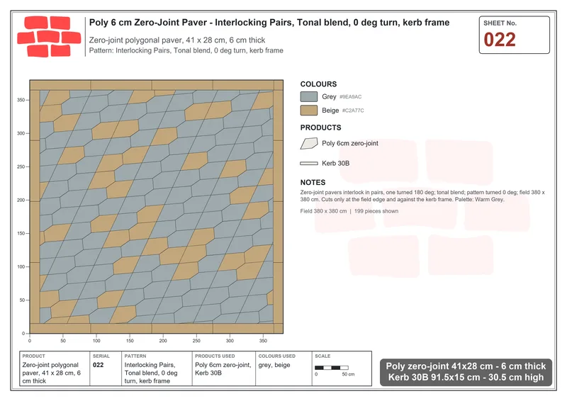 Interlock (Pasco) 41x28 cm · POL-022 · Interlocking Pairs, Tonal blend, 0 deg turn, kerb frame · Laying plan Interlock (Pasco) 41x28 cm · POL-022 · Interlocking Pairs, Tonal blend, 0 deg turn, kerb frame · Laying plan