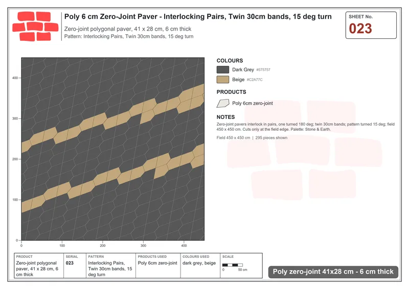 Interlock (Pasco) 41x28 cm · POL-023 · Interlocking Pairs, Twin 30cm bands, 15 deg turn · Laying plan Interlock (Pasco) 41x28 cm · POL-023 · Interlocking Pairs, Twin 30cm bands, 15 deg turn · Laying plan