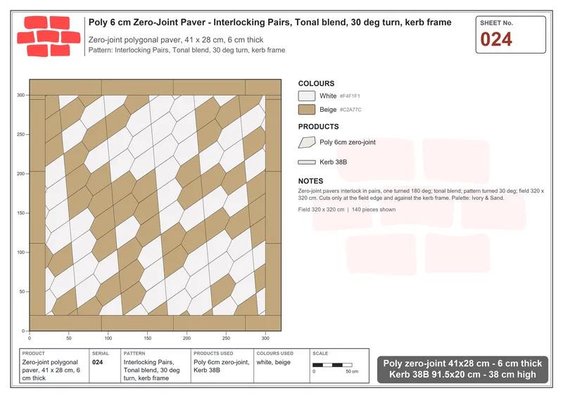 Interlock (Pasco) 41x28 cm · POL-024 · Interlocking Pairs, Tonal blend, 30 deg turn, kerb frame · Laying plan Interlock (Pasco) 41x28 cm · POL-024 · Interlocking Pairs, Tonal blend, 30 deg turn, kerb frame · Laying plan