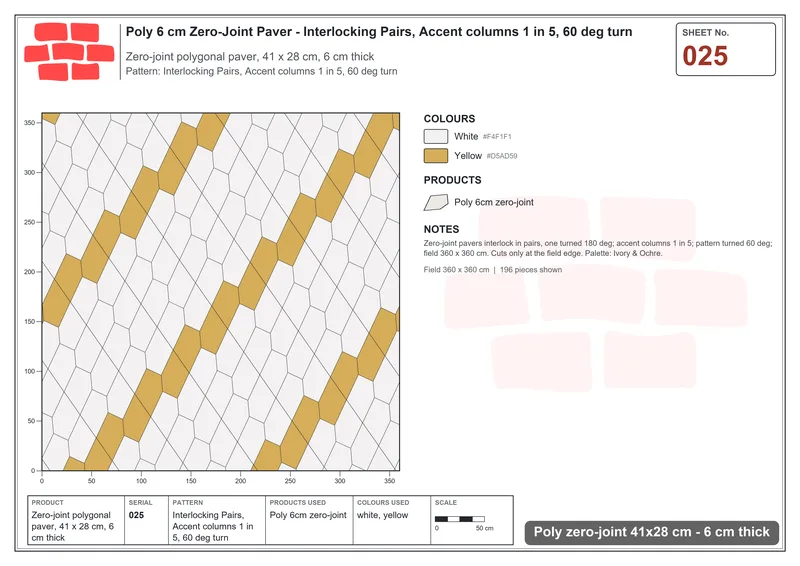 Interlock (Pasco) 41x28 cm · POL-025 · Interlocking Pairs, Accent columns 1 in 5, 60 deg turn · Laying plan Interlock (Pasco) 41x28 cm · POL-025 · Interlocking Pairs, Accent columns 1 in 5, 60 deg turn · Laying plan