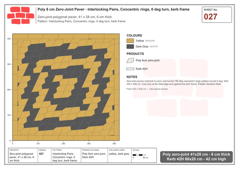 Interlock (Pasco) 41x28 cm · POL-027 · Interlocking Pairs, Concentric rings, 0 deg turn, kerb frame · Laying plan Interlock (Pasco) 41x28 cm · POL-027 · Interlocking Pairs, Concentric rings, 0 deg turn, kerb frame · Laying plan