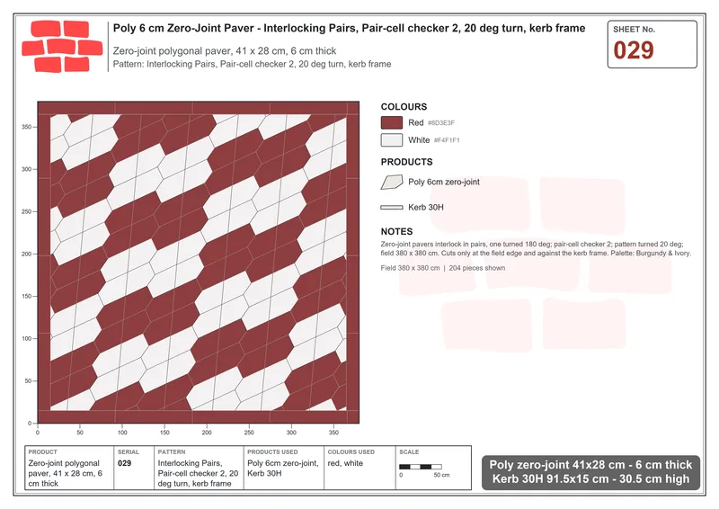 Interlock (Pasco) 41x28 cm · POL-029 · Interlocking Pairs, Pair-cell checker 2, 20 deg turn, kerb frame · Laying plan Interlock (Pasco) 41x28 cm · POL-029 · Interlocking Pairs, Pair-cell checker 2, 20 deg turn, kerb frame · Laying plan