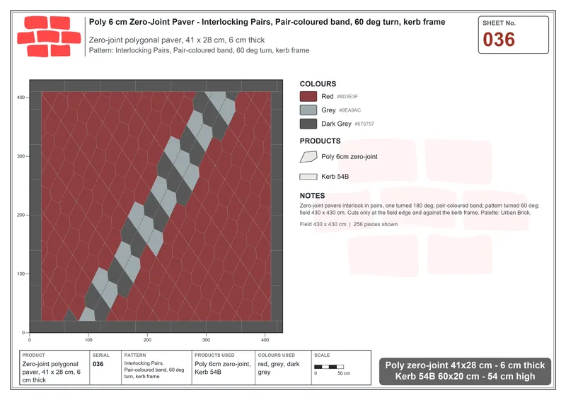 Interlock (Pasco) 41x28 cm · POL-036 · Interlocking Pairs, Pair-coloured band, 60 deg turn, kerb frame · Laying plan Interlock (Pasco) 41x28 cm · POL-036 · Interlocking Pairs, Pair-coloured band, 60 deg turn, kerb frame · Laying plan