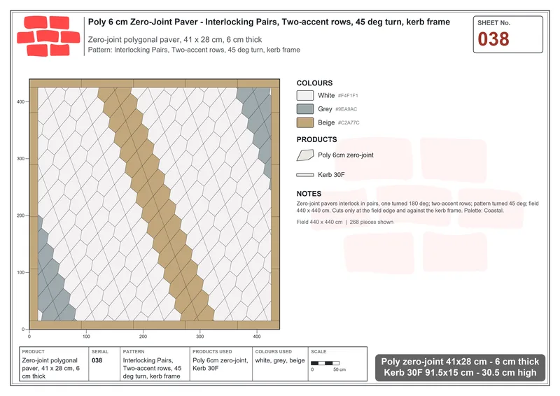 Interlock (Pasco) 41x28 cm · POL-038 · Interlocking Pairs, Two-accent rows, 45 deg turn, kerb frame · Laying plan Interlock (Pasco) 41x28 cm · POL-038 · Interlocking Pairs, Two-accent rows, 45 deg turn, kerb frame · Laying plan