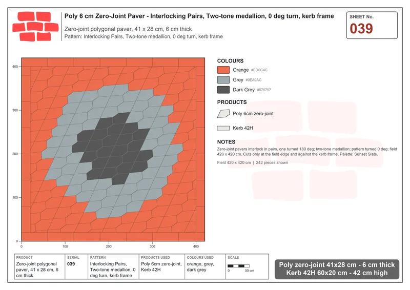 Interlock (Pasco) 41x28 cm · POL-039 · Interlocking Pairs, Two-tone medallion, 0 deg turn, kerb frame · Laying plan Interlock (Pasco) 41x28 cm · POL-039 · Interlocking Pairs, Two-tone medallion, 0 deg turn, kerb frame · Laying plan