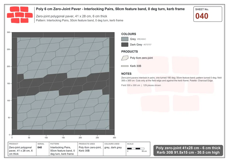 Interlock (Pasco) 41x28 cm · POL-040 · Interlocking Pairs, 50cm feature band, 0 deg turn, kerb frame · Laying plan Interlock (Pasco) 41x28 cm · POL-040 · Interlocking Pairs, 50cm feature band, 0 deg turn, kerb frame · Laying plan