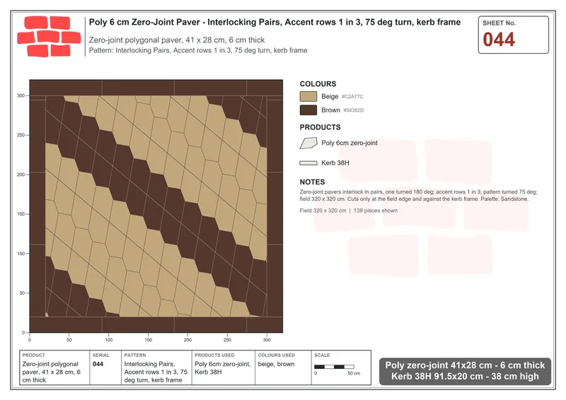 Interlock (Pasco) 41x28 cm · POL-044 · Interlocking Pairs, Accent rows 1 in 3, 75 deg turn, kerb frame · Laying plan Interlock (Pasco) 41x28 cm · POL-044 · Interlocking Pairs, Accent rows 1 in 3, 75 deg turn, kerb frame · Laying plan