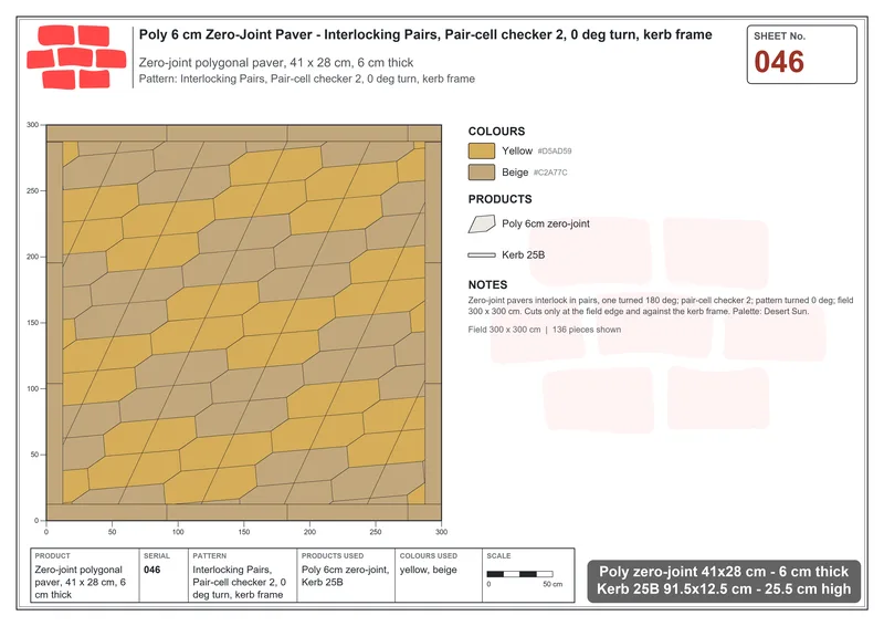Interlock (Pasco) 41x28 cm · POL-046 · Interlocking Pairs, Pair-cell checker 2, 0 deg turn, kerb frame · Laying plan Interlock (Pasco) 41x28 cm · POL-046 · Interlocking Pairs, Pair-cell checker 2, 0 deg turn, kerb frame · Laying plan