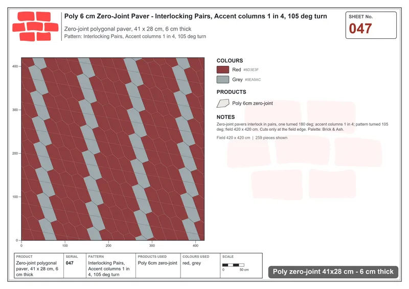 Interlock (Pasco) 41x28 cm · POL-047 · Interlocking Pairs, Accent columns 1 in 4, 105 deg turn · Laying plan Interlock (Pasco) 41x28 cm · POL-047 · Interlocking Pairs, Accent columns 1 in 4, 105 deg turn · Laying plan