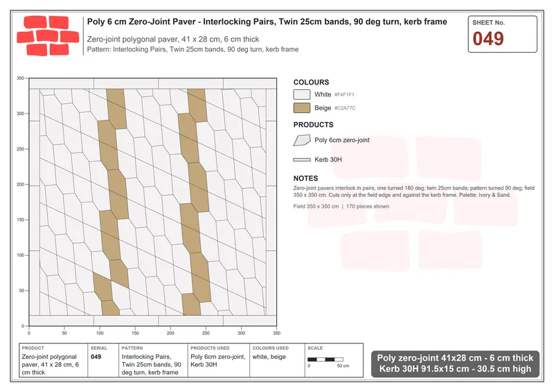 Interlock (Pasco) 41x28 cm · POL-049 · Interlocking Pairs, Twin 25cm bands, 90 deg turn, kerb frame · Laying plan Interlock (Pasco) 41x28 cm · POL-049 · Interlocking Pairs, Twin 25cm bands, 90 deg turn, kerb frame · Laying plan