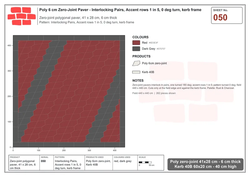 Interlock (Pasco) 41x28 cm · POL-050 · Interlocking Pairs, Accent rows 1 in 5, 0 deg turn, kerb frame · Laying plan Interlock (Pasco) 41x28 cm · POL-050 · Interlocking Pairs, Accent rows 1 in 5, 0 deg turn, kerb frame · Laying plan