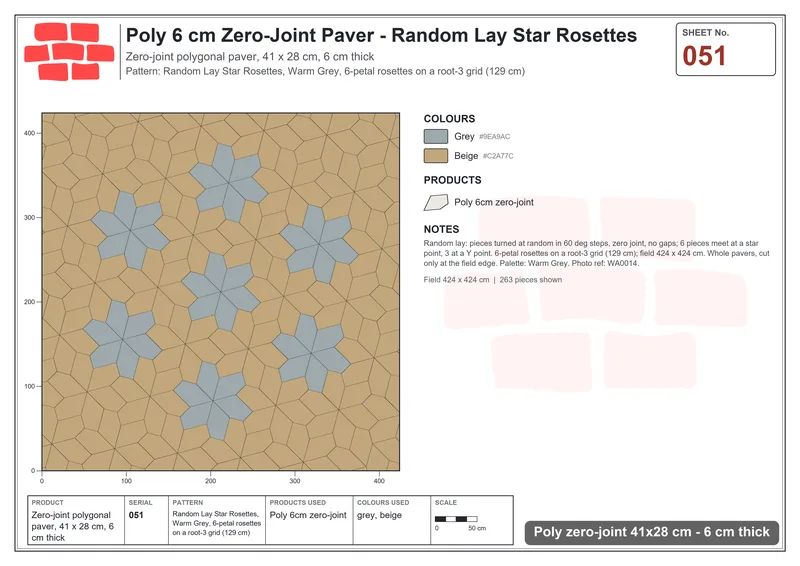 Interlock (Pasco) 41x28 cm · POL-051 · Random Lay Star Rosettes, Warm Grey, 6-petal rosettes on root-3 grid (129 cm) · Laying plan Interlock (Pasco) 41x28 cm · POL-051 · Random Lay Star Rosettes, Warm Grey, 6-petal rosettes on root-3 grid (129 cm) · Laying plan