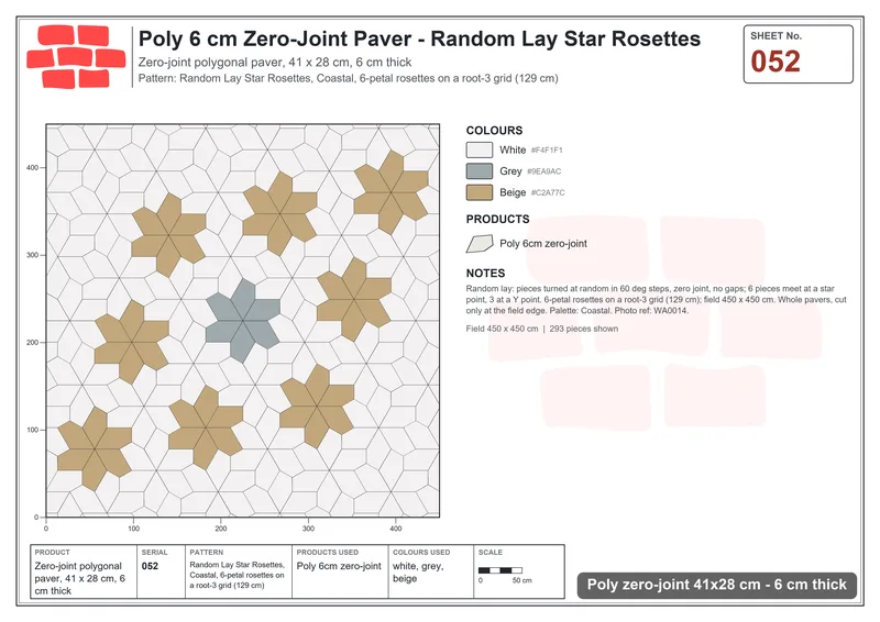 Interlock (Pasco) 41x28 cm · POL-052 · Random Lay Star Rosettes, Coastal, 6-petal rosettes on root-3 grid (129 cm) · Laying plan Interlock (Pasco) 41x28 cm · POL-052 · Random Lay Star Rosettes, Coastal, 6-petal rosettes on root-3 grid (129 cm) · Laying plan