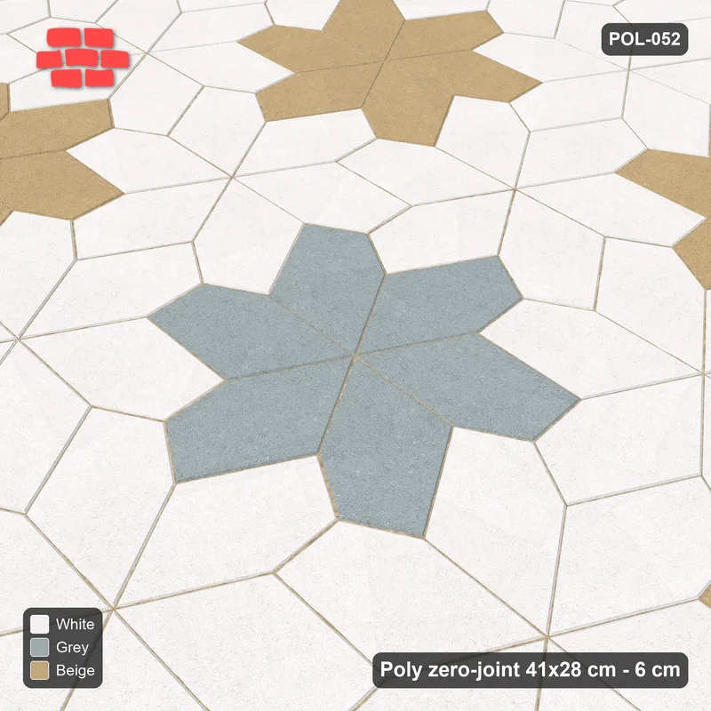 Interlock (Pasco) 41x28 cm · POL-052 · Random Lay Star Rosettes, Coastal, 6-petal rosettes on root-3 grid (129 cm) · Side view Interlock (Pasco) 41x28 cm · POL-052 · Random Lay Star Rosettes, Coastal, 6-petal rosettes on root-3 grid (129 cm) · Side view
