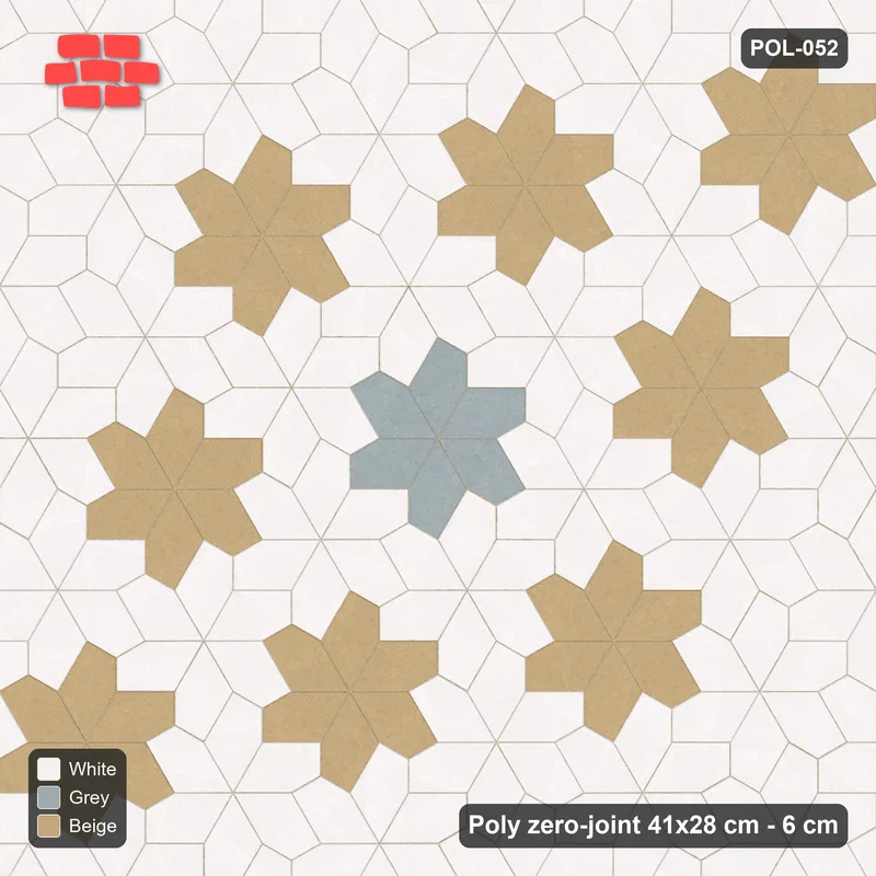 Interlock (Pasco) 41x28 cm · POL-052 · Random Lay Star Rosettes, Coastal, 6-petal rosettes on root-3 grid (129 cm) · Top view Interlock (Pasco) 41x28 cm · POL-052 · Random Lay Star Rosettes, Coastal, 6-petal rosettes on root-3 grid (129 cm) · Top view