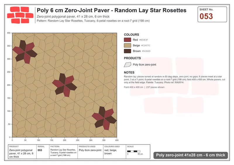 Interlock (Pasco) 41x28 cm · POL-053 · Random Lay Star Rosettes, Tuscany, 6-petal rosettes on root-7 grid (198 cm) · Laying plan Interlock (Pasco) 41x28 cm · POL-053 · Random Lay Star Rosettes, Tuscany, 6-petal rosettes on root-7 grid (198 cm) · Laying plan