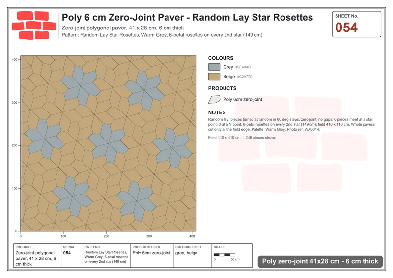 Interlock (Pasco) 41x28 cm · POL-054 · Random Lay Star Rosettes, Warm Grey, 6-petal rosettes on every 2nd star (149 cm) · Laying plan Interlock (Pasco) 41x28 cm · POL-054 · Random Lay Star Rosettes, Warm Grey, 6-petal rosettes on every 2nd star (149 cm) · Laying plan