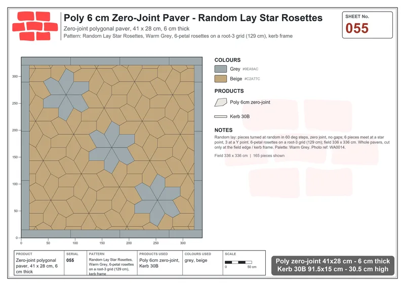 Interlock (Pasco) 41x28 cm · POL-055 · Random Lay Star Rosettes, Warm Grey, 6-petal rosettes on root-3 grid (129 cm), kerb frame · Laying plan Interlock (Pasco) 41x28 cm · POL-055 · Random Lay Star Rosettes, Warm Grey, 6-petal rosettes on root-3 grid (129 cm), kerb frame · Laying plan