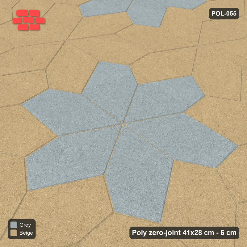 Interlock (Pasco) 41x28 cm · POL-055 · Random Lay Star Rosettes, Warm Grey, 6-petal rosettes on root-3 grid (129 cm), kerb frame · Side view Interlock (Pasco) 41x28 cm · POL-055 · Random Lay Star Rosettes, Warm Grey, 6-petal rosettes on root-3 grid (129 cm), kerb frame · Side view
