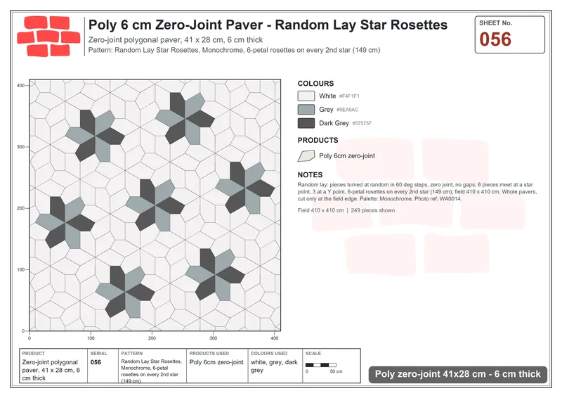 Interlock (Pasco) 41x28 cm · POL-056 · Random Lay Star Rosettes, Monochrome, 6-petal rosettes on every 2nd star (149 cm) · Laying plan Interlock (Pasco) 41x28 cm · POL-056 · Random Lay Star Rosettes, Monochrome, 6-petal rosettes on every 2nd star (149 cm) · Laying plan