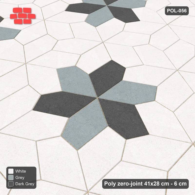 Interlock (Pasco) 41x28 cm · POL-056 · Random Lay Star Rosettes, Monochrome, 6-petal rosettes on every 2nd star (149 cm) · Side view Interlock (Pasco) 41x28 cm · POL-056 · Random Lay Star Rosettes, Monochrome, 6-petal rosettes on every 2nd star (149 cm) · Side view