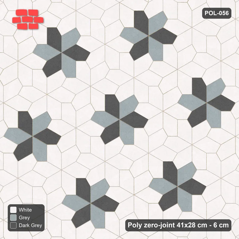 Interlock (Pasco) 41x28 cm · POL-056 · Random Lay Star Rosettes, Monochrome, 6-petal rosettes on every 2nd star (149 cm) · Top view Interlock (Pasco) 41x28 cm · POL-056 · Random Lay Star Rosettes, Monochrome, 6-petal rosettes on every 2nd star (149 cm) · Top view