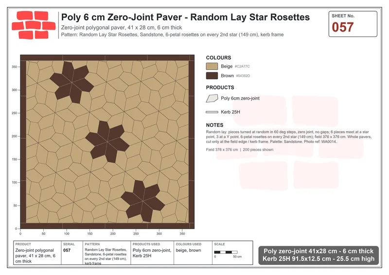 Interlock (Pasco) 41x28 cm · POL-057 · Random Lay Star Rosettes, Sandstone, 6-petal rosettes on every 2nd star (149 cm), kerb frame · Laying plan Interlock (Pasco) 41x28 cm · POL-057 · Random Lay Star Rosettes, Sandstone, 6-petal rosettes on every 2nd star (149 cm), kerb frame · Laying plan