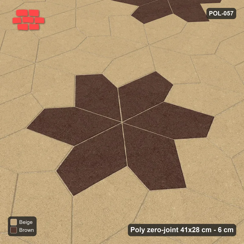 Interlock (Pasco) 41x28 cm · POL-057 · Random Lay Star Rosettes, Sandstone, 6-petal rosettes on every 2nd star (149 cm), kerb frame · Side view Interlock (Pasco) 41x28 cm · POL-057 · Random Lay Star Rosettes, Sandstone, 6-petal rosettes on every 2nd star (149 cm), kerb frame · Side view