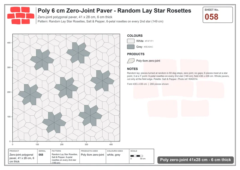 Interlock (Pasco) 41x28 cm · POL-058 · Random Lay Star Rosettes, Salt & Pepper, 6-petal rosettes on every 2nd star (149 cm) · Laying plan Interlock (Pasco) 41x28 cm · POL-058 · Random Lay Star Rosettes, Salt & Pepper, 6-petal rosettes on every 2nd star (149 cm) · Laying plan