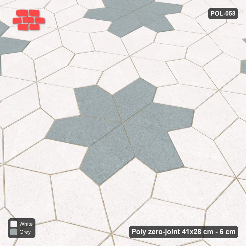 Interlock (Pasco) 41x28 cm · POL-058 · Random Lay Star Rosettes, Salt & Pepper, 6-petal rosettes on every 2nd star (149 cm) · Side view Interlock (Pasco) 41x28 cm · POL-058 · Random Lay Star Rosettes, Salt & Pepper, 6-petal rosettes on every 2nd star (149 cm) · Side view