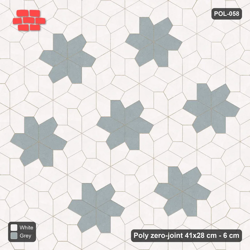 Interlock (Pasco) 41x28 cm · POL-058 · Random Lay Star Rosettes, Salt & Pepper, 6-petal rosettes on every 2nd star (149 cm) · Top view Interlock (Pasco) 41x28 cm · POL-058 · Random Lay Star Rosettes, Salt & Pepper, 6-petal rosettes on every 2nd star (149 cm) · Top view