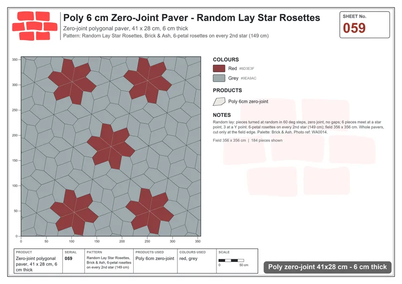 Interlock (Pasco) 41x28 cm · POL-059 · Random Lay Star Rosettes, Brick & Ash, 6-petal rosettes on every 2nd star (149 cm) · Laying plan Interlock (Pasco) 41x28 cm · POL-059 · Random Lay Star Rosettes, Brick & Ash, 6-petal rosettes on every 2nd star (149 cm) · Laying plan