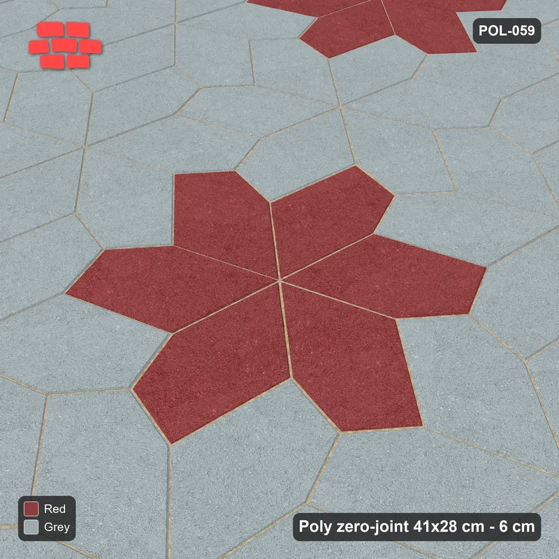 Interlock (Pasco) 41x28 cm · POL-059 · Random Lay Star Rosettes, Brick & Ash, 6-petal rosettes on every 2nd star (149 cm) · Side view Interlock (Pasco) 41x28 cm · POL-059 · Random Lay Star Rosettes, Brick & Ash, 6-petal rosettes on every 2nd star (149 cm) · Side view
