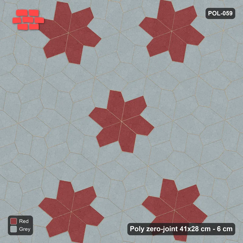 Interlock (Pasco) 41x28 cm · POL-059 · Random Lay Star Rosettes, Brick & Ash, 6-petal rosettes on every 2nd star (149 cm) · Top view Interlock (Pasco) 41x28 cm · POL-059 · Random Lay Star Rosettes, Brick & Ash, 6-petal rosettes on every 2nd star (149 cm) · Top view